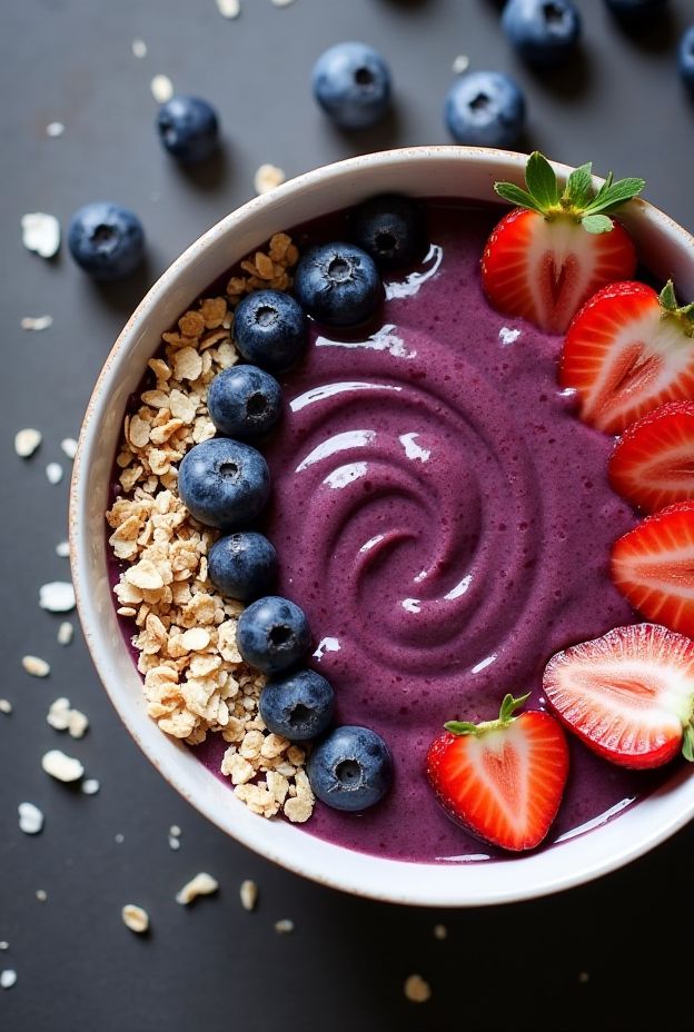 Vibrant acai smoothie bowl topped with fresh strawberries, blueberries, and crunchy granola for a nutritious meal.