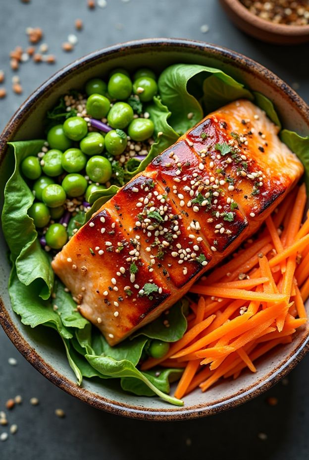 A nourishing Asian Sesame Salmon Salad Bowl with teriyaki salmon, edamame, and sesame seeds on mixed greens.
