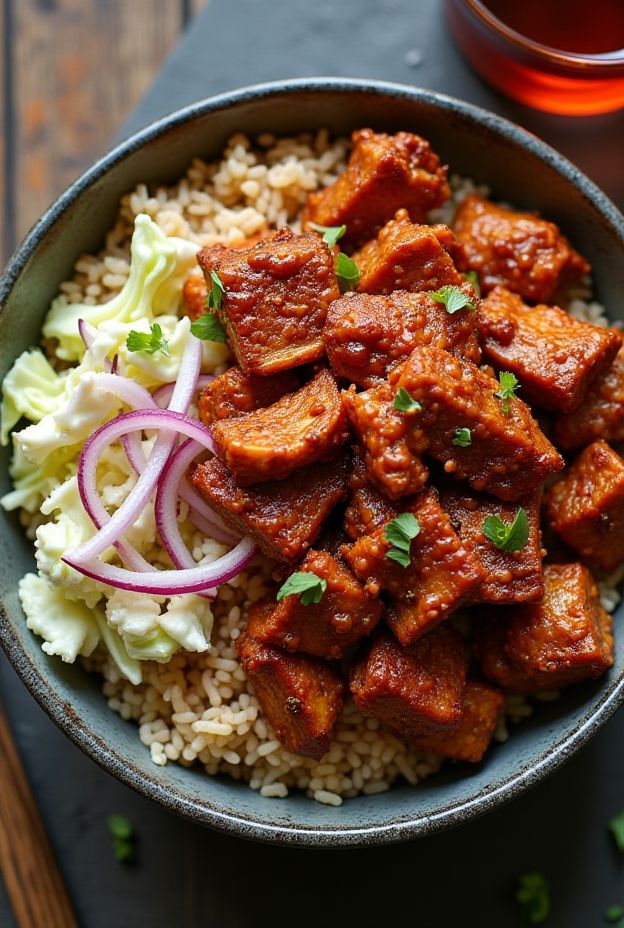 BBQ Pulled Jackfruit Protein Bowl with smoky jackfruit and fresh coleslaw over brown rice for a vibrant plant-based meal.