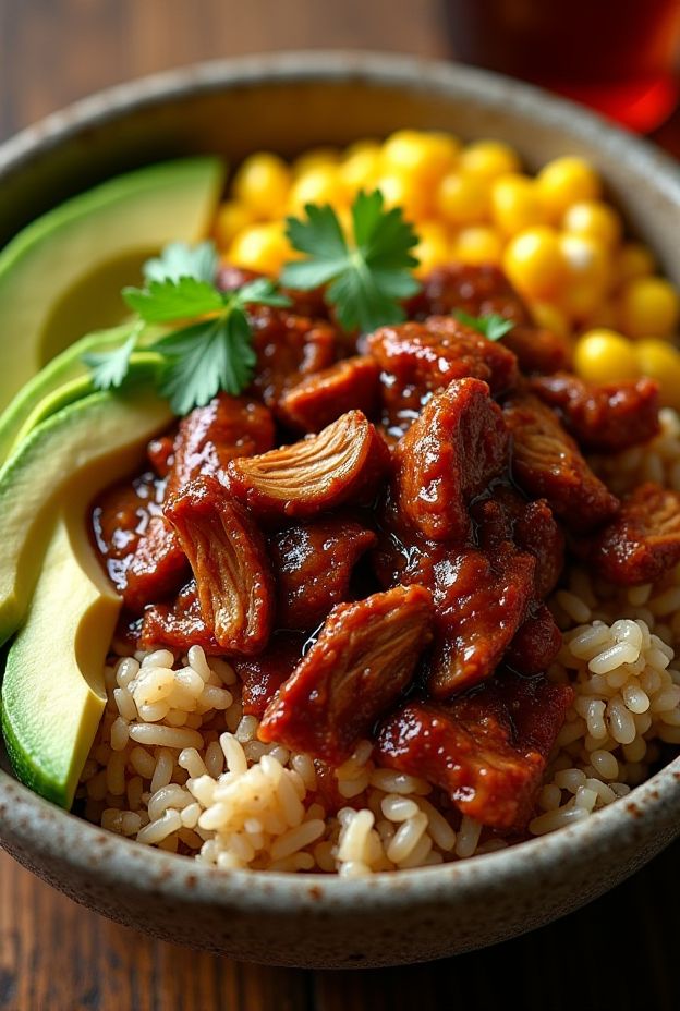 BBQ Pulled Pork Brown Rice Bowl with Corn Salsa and Avocado for a satisfying meal.