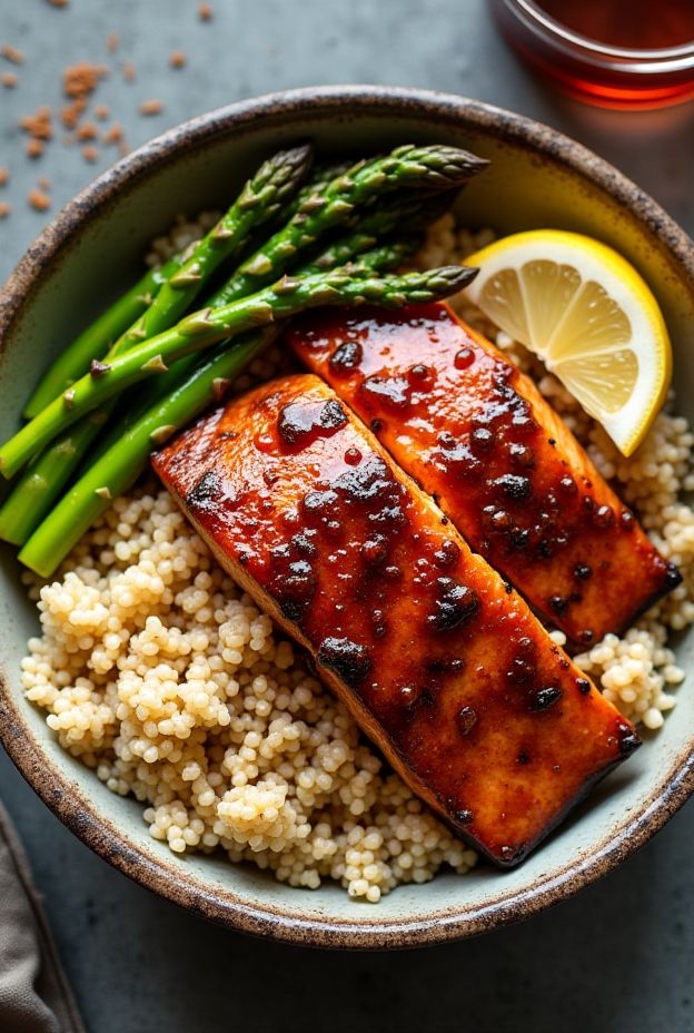 BBQ Salmon Protein Bowl with quinoa, asparagus, and lemon for a nutritious meal.