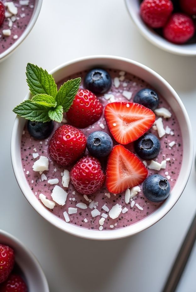A vibrant Berry Coconut Chia Bowl topped with fresh strawberries, blueberries, raspberries, and coconut flakes for a nutritious meal.