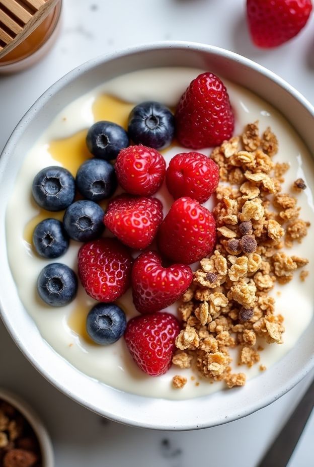 A vibrant Berry Yogurt Granola Bowl featuring creamy yogurt, fresh strawberries, blueberries, and crunchy granola.