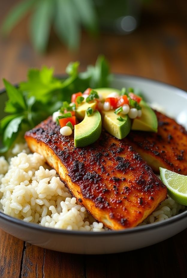 A vibrant bowl featuring spicy blackened fish with avocado salsa atop a bed of rice, garnished with fresh cilantro and lime.
