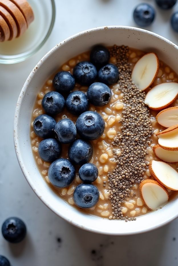 Healthy Blueberry Almond Overnight Oats Bowl filled with blueberries, almonds, and chia seeds for a nutritious breakfast.