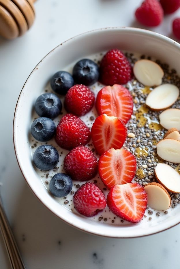 Chia pudding breakfast bowl with almonds, strawberries, blueberries, and raspberries for a healthy start.