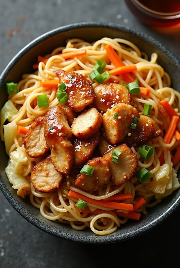 A vibrant Chicken Lo Mein Bowl featuring egg noodles stir-fried with chicken, cabbage, and carrots, garnished with green onions.