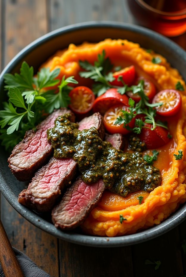 Chimichurri Steak Protein Bowl with grilled steak, sweet potato mash, and chimichurri sauce for a nutritious meal.