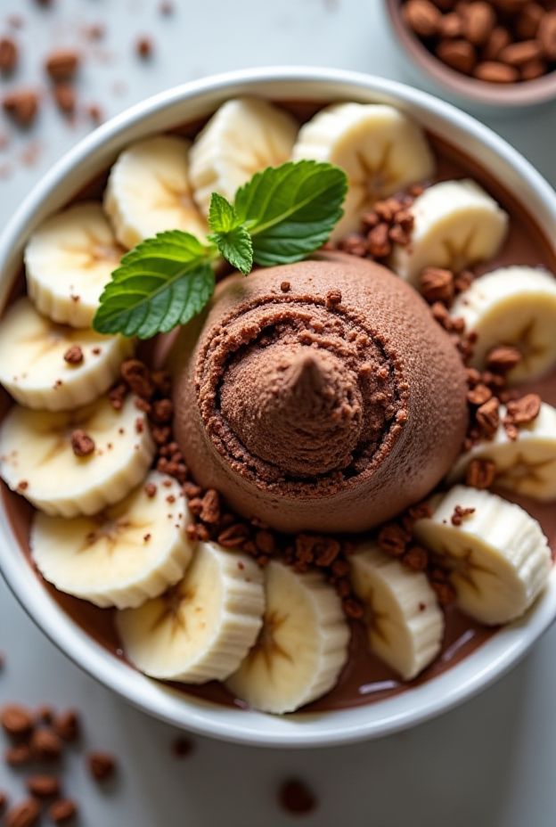 Delicious Chocolate Banana Nice Cream Bowl topped with banana slices and cacao nibs for a nutritious dessert.