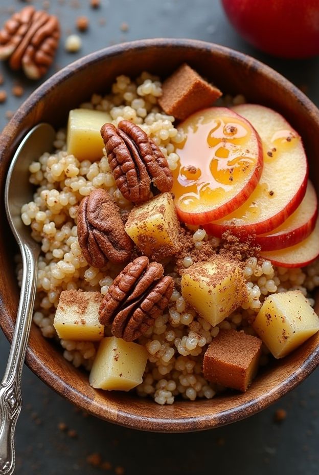 Cinnamon Apple Quinoa Breakfast Bowl with apples, quinoa, pecans, and maple syrup.