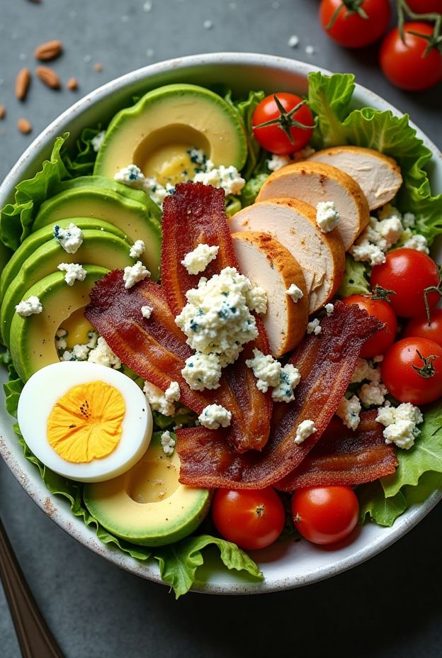 Classic Cobb Salad Bowl featuring chicken, bacon, blue cheese, avocado, and fresh vegetables.