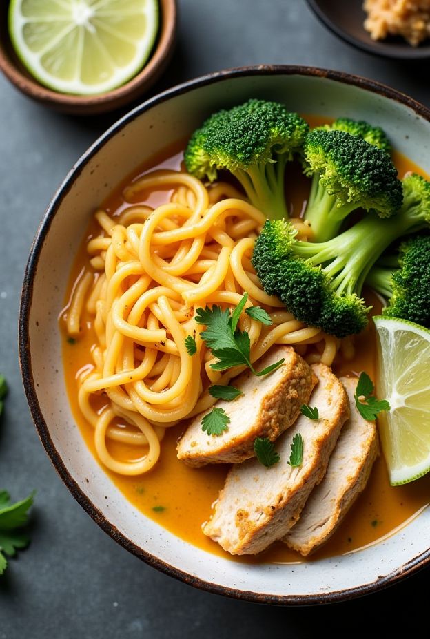 Creamy Coconut Curry Noodle Bowl with Chicken and Broccoli - a flavorful and nutritious dish.