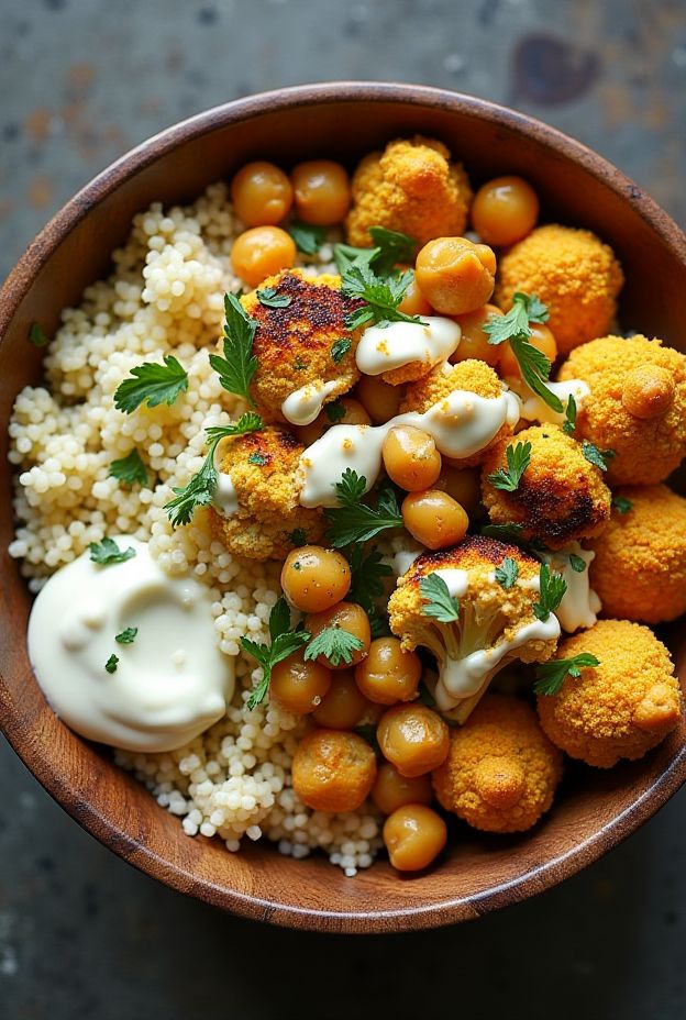 A colorful bowl filled with couscous, spiced chickpeas, roasted cauliflower, and curry yogurt drizzle.