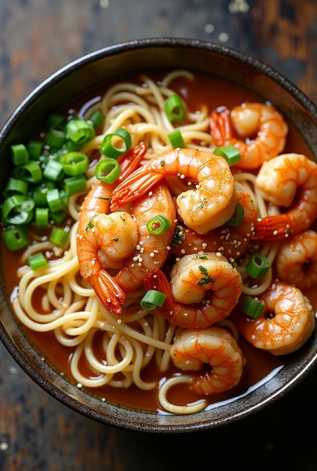 A delicious Garlic Butter Shrimp Udon Bowl featuring thick udon noodles, succulent shrimp, and vibrant scallions.