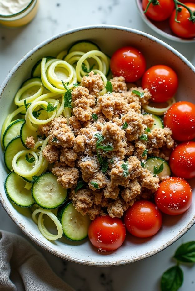 Healthy Garlic Butter Turkey Protein Bowl served with zucchini noodles and cherry tomatoes, garnished with fresh herbs.