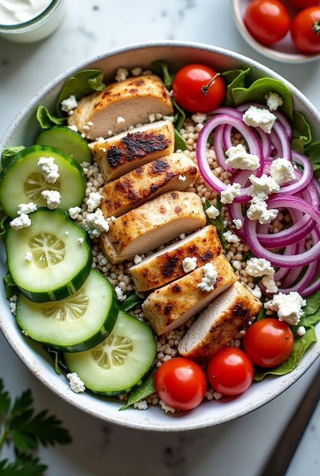 A vibrant Greek Chicken Farro Bowl featuring grilled chicken, fresh vegetables, and tzatziki sauce, perfect for healthy eating.