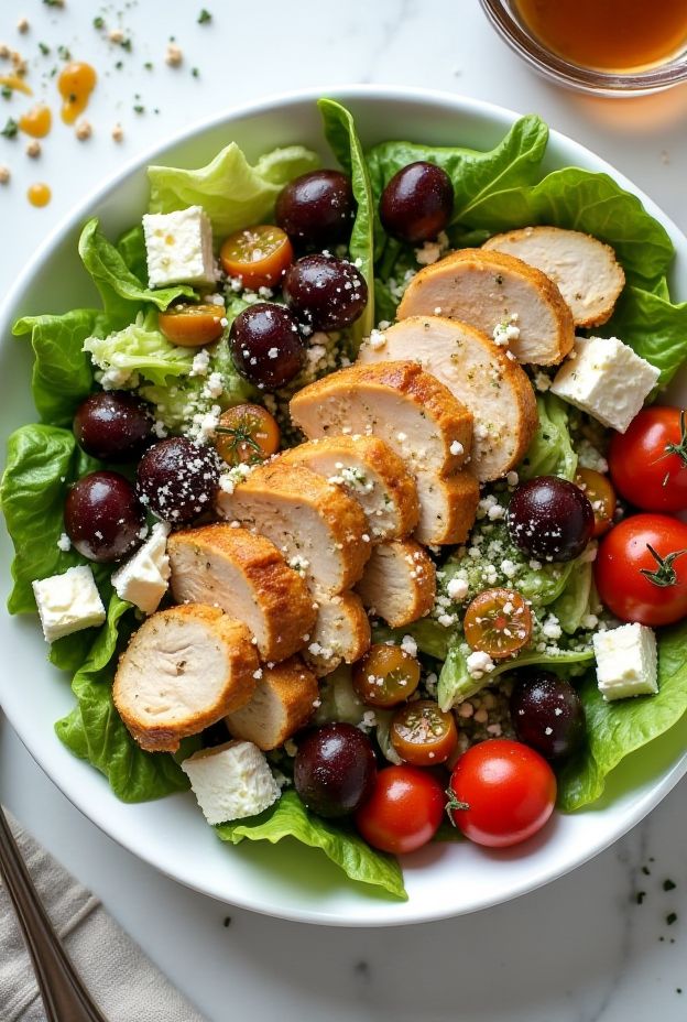Delicious Greek Chicken Salad Bowl with grilled chicken, olives, feta, romaine lettuce, and a flavorful oregano dressing.