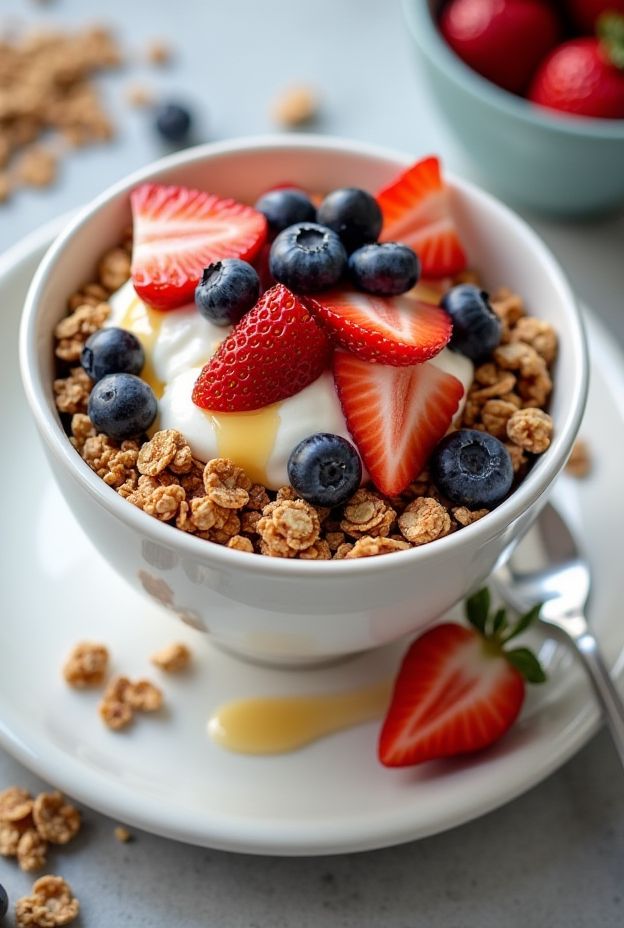 Colorful Greek yogurt parfait bowl with granola, strawberries, blueberries, and honey for a healthy breakfast.
