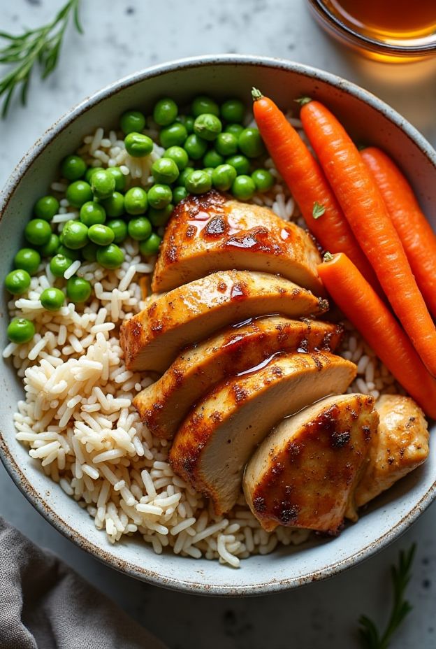Healthy Honey Garlic Chicken Protein Bowl with wild rice, peas, and carrots for a nutritious meal.