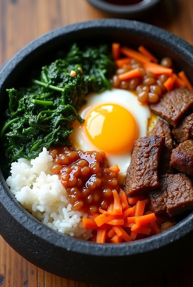 Korean Bibimbap – a colorful bowl of rice, vegetables, beef, egg, and gochujang sauce for a nutritious meal.