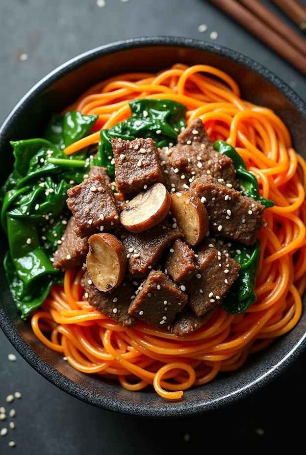 Korean Japchae Noodle Bowl with stir-fried beef, sweet potato glass noodles, and vibrant vegetables.