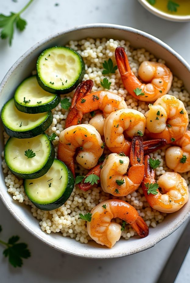 A tasty Lemon Herb Shrimp Protein Bowl featuring grilled shrimp, couscous, and fresh vegetables for a nutritious meal.