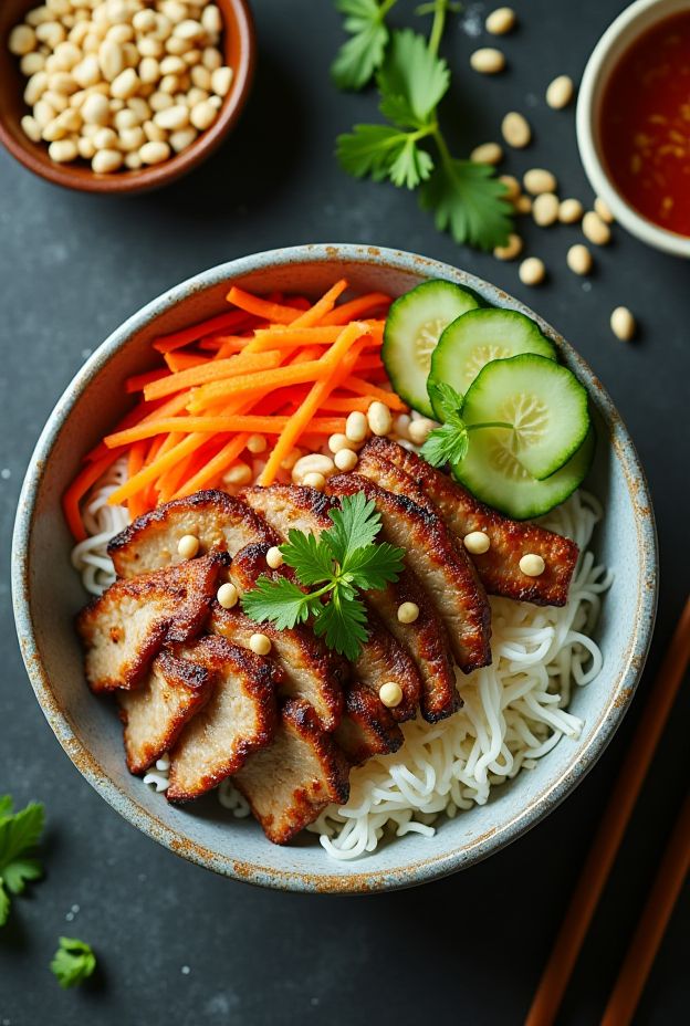 Vermicelli bowl with grilled pork, pickled veggies, and fresh herbs for a nutritious meal.