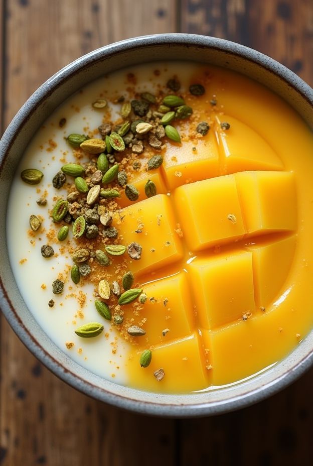 Mango Lassi Smoothie Bowl topped with mango slices, pistachios, and cardamom for a nutritious breakfast.