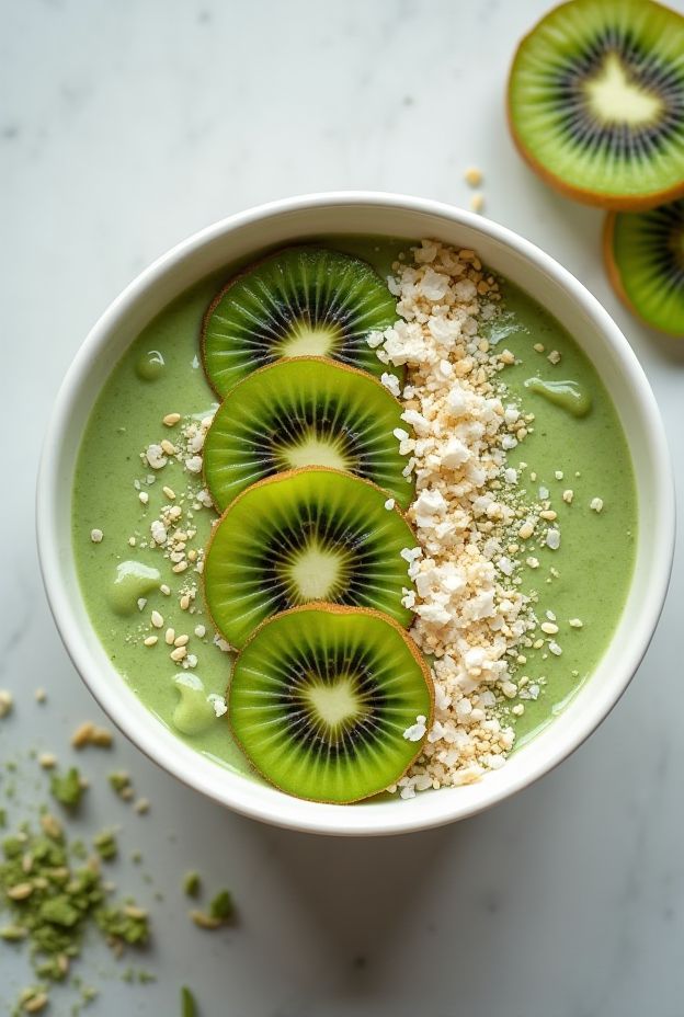 A vibrant matcha green tea smoothie bowl topped with kiwi, coconut, and granola for a nutritious meal.