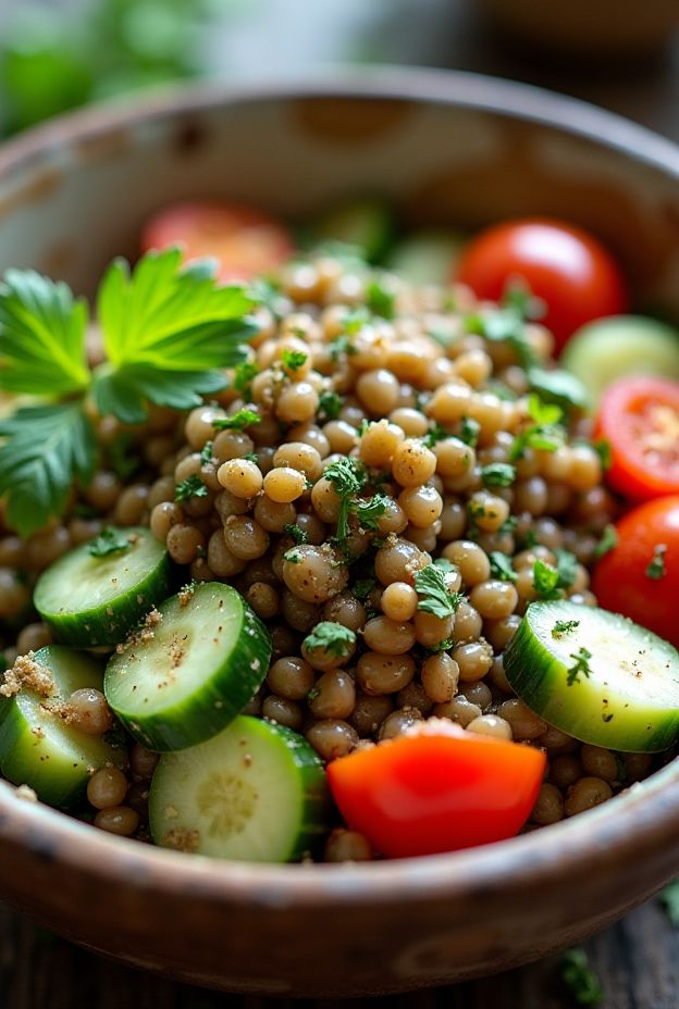 Healthy Mediterranean Lentil Salad Bowl with tomatoes, cucumbers, parsley, and lemon dressing for a nutritious meal.