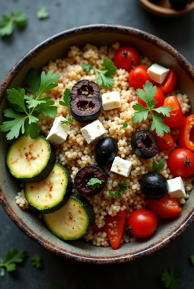 A colorful Mediterranean Quinoa Bowl with roasted vegetables, feta, olives, and a tangy lemon-tahini dressing.