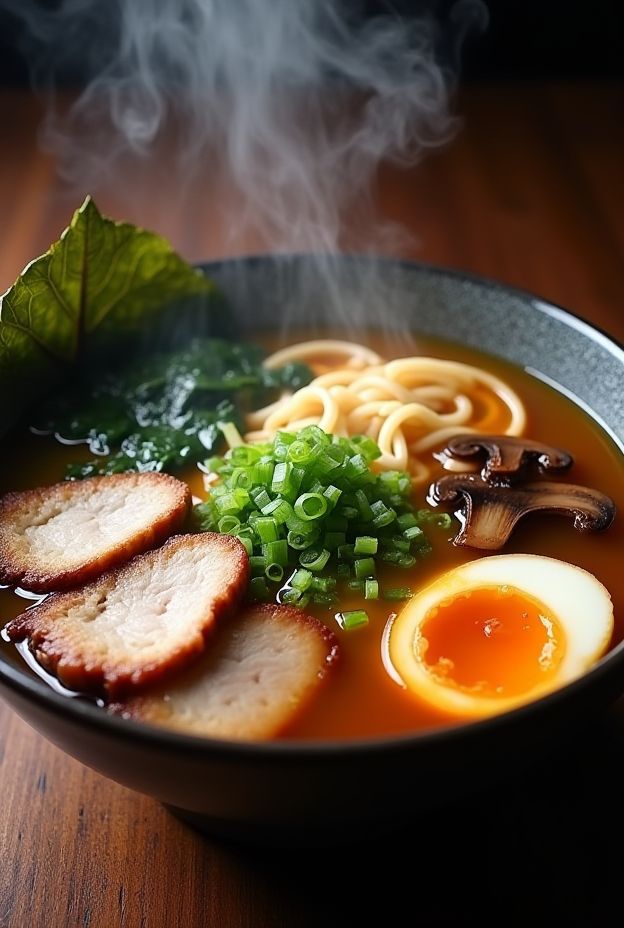 Savory Miso Ramen Bowl featuring miso broth, noodles, pork, egg, and greens for a hearty meal.