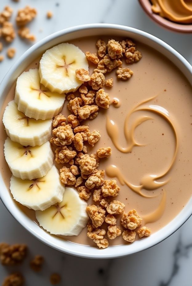 Delicious Peanut Butter Banana Smoothie Bowl topped with granola and banana slices.
