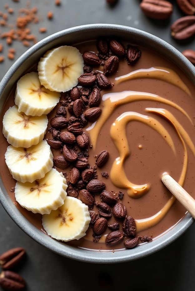 Peanut Butter Chocolate Protein Bowl topped with bananas and coffee beans, a nutritious and delicious meal option.