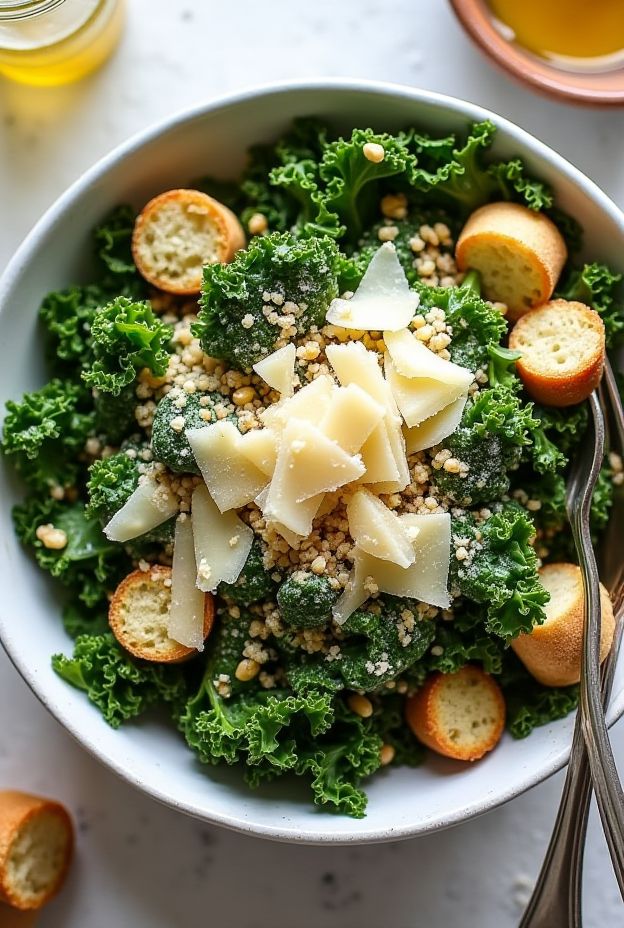 Healthy Quinoa Kale Caesar Salad Bowl with Parmesan and Croutons for a Nutritious Meal.