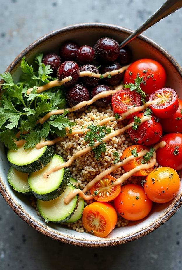 Colorful and nutritious Rainbow Veggie Power Bowl with fresh greens and tahini dressing, featuring cherry tomatoes, zucchini, and grapes.