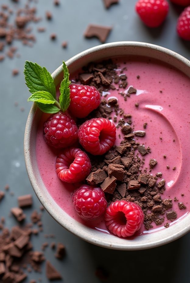 Delicious Raspberry Dark Chocolate Smoothie Bowl topped with fresh berries and chocolate shavings.