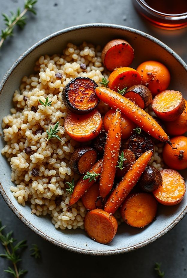 Healthy roasted veggie barley bowl featuring colorful root vegetables and balsamic glaze.