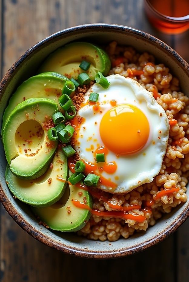 A Savory Oatmeal Egg Bowl topped with fried egg, avocado, and sriracha for a nutritious meal.