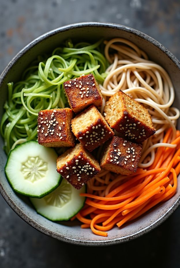 Colorful sesame tofu soba noodle bowl with crisp vegetables, perfect for a healthy meal.