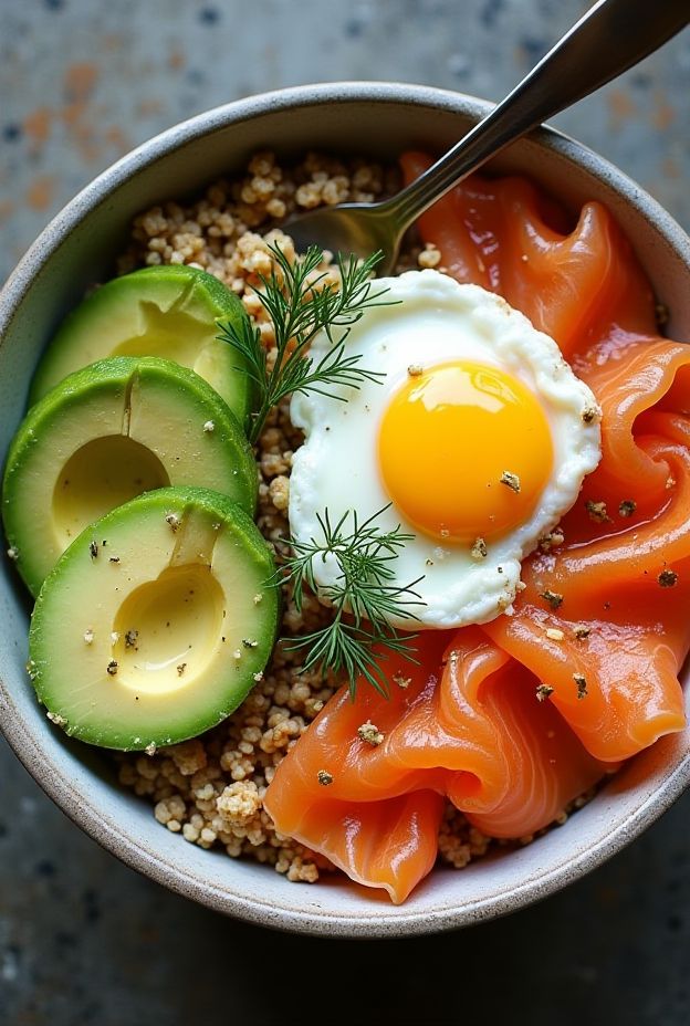 Colorful smoked salmon and avocado breakfast bowl with quinoa, soft-boiled egg, and garnish.
