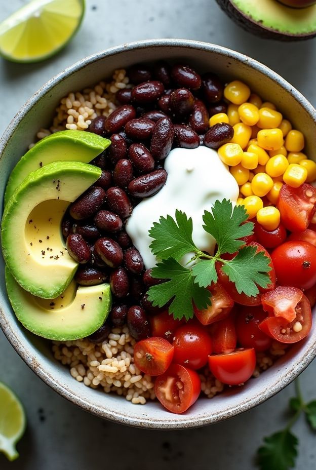 Southwest Black Bean Rice Bowl featuring brown rice, black beans, corn, salsa, and creamy cilantro-lime topping.