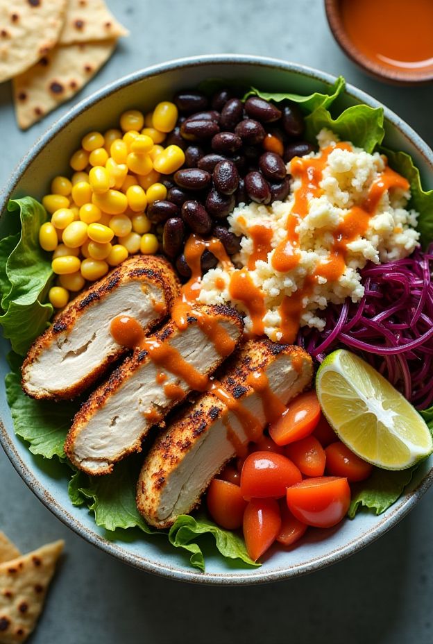 A colorful Southwest Chicken Salad Bowl featuring grilled chicken, greens, black beans, corn, and chipotle ranch dressing.