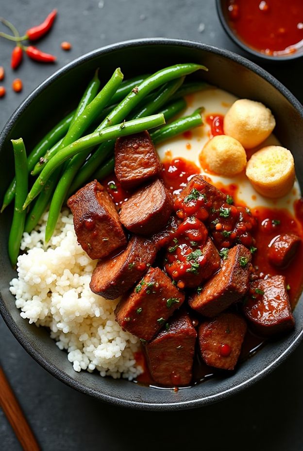 Spicy Beef Protein Bowl with sliced beef in sauce over cauliflower rice and green beans, perfect for meal prep.