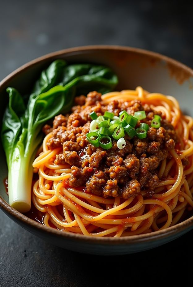 Spicy Dan Dan Noodle Bowl with Sichuan-style noodles, ground pork, and fresh greens in a rich, nutty sauce.