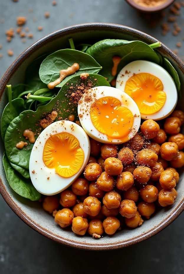 Spicy Egg & Chickpea Protein Bowl with hard-boiled eggs, spiced chickpeas over fresh spinach for a healthy meal.