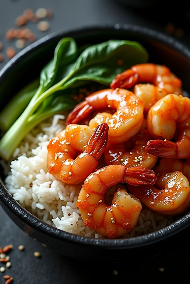 Spicy Shrimp Jasmine Rice Bowl with plump shrimp, bok choy, and chili garlic sauce over fluffy jasmine rice.