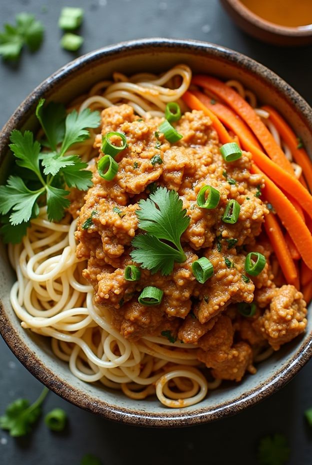 Spicy Thai Peanut Noodle Bowl featuring rice noodles, shredded chicken, and vegetables in peanut sauce.