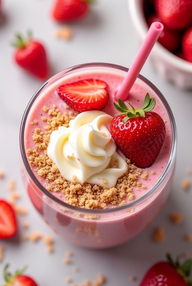 Delicious Strawberry Cheesecake Smoothie Bowl topped with fresh strawberries and crunchy graham crackers.