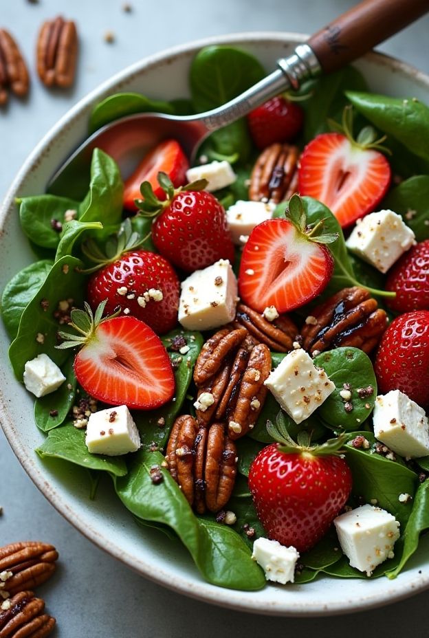 A vibrant bowl of Strawberry Spinach Salad with pecans and feta cheese, dressed in balsamic vinaigrette.
